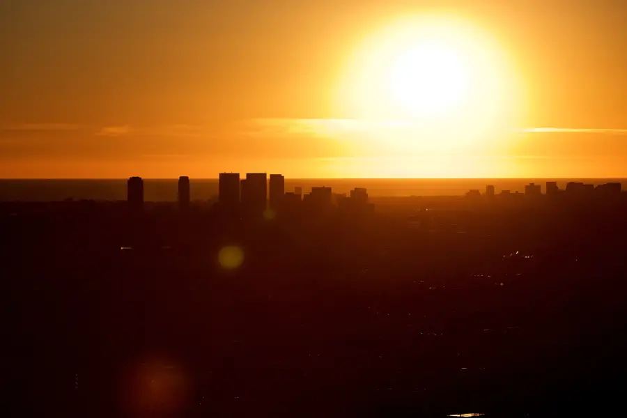 Sun setting over the downtown Los Angeles skyline, seen from Griffith Observatory